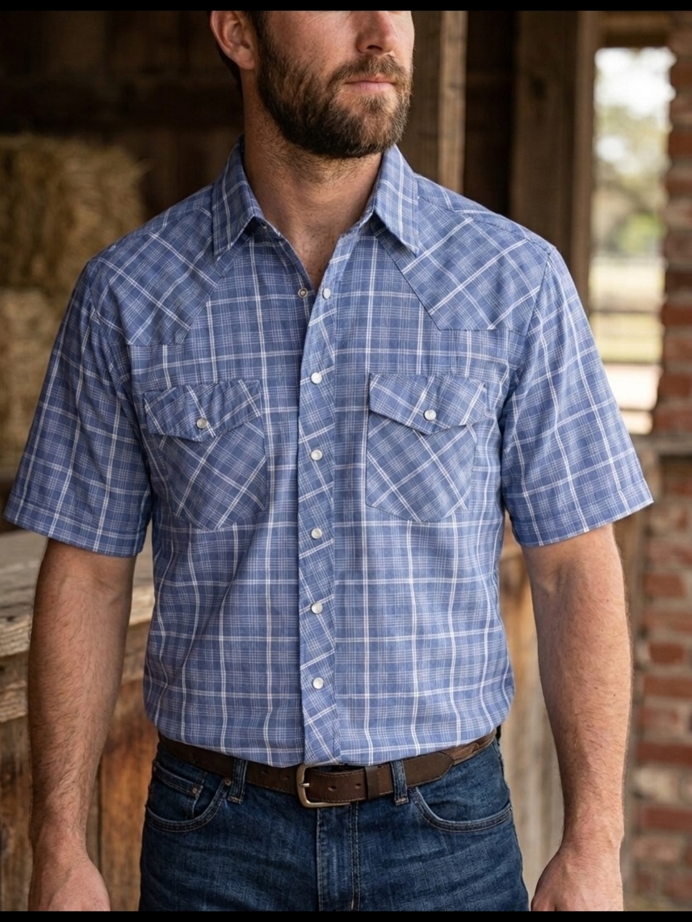 Outlaw Western Wear Men's Blue Plaid Short Sleeve Snap-Up Shirt Size Large EUC